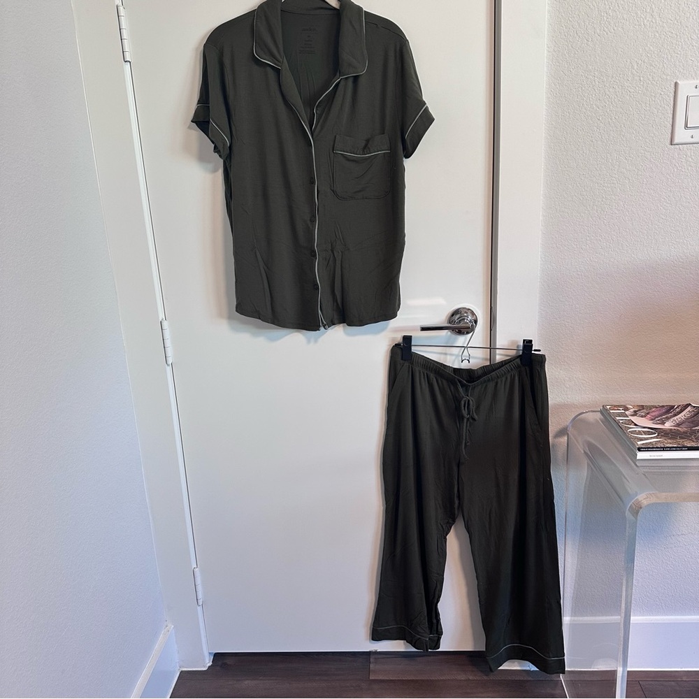 Dark Green Pajama Set with Blue Piping